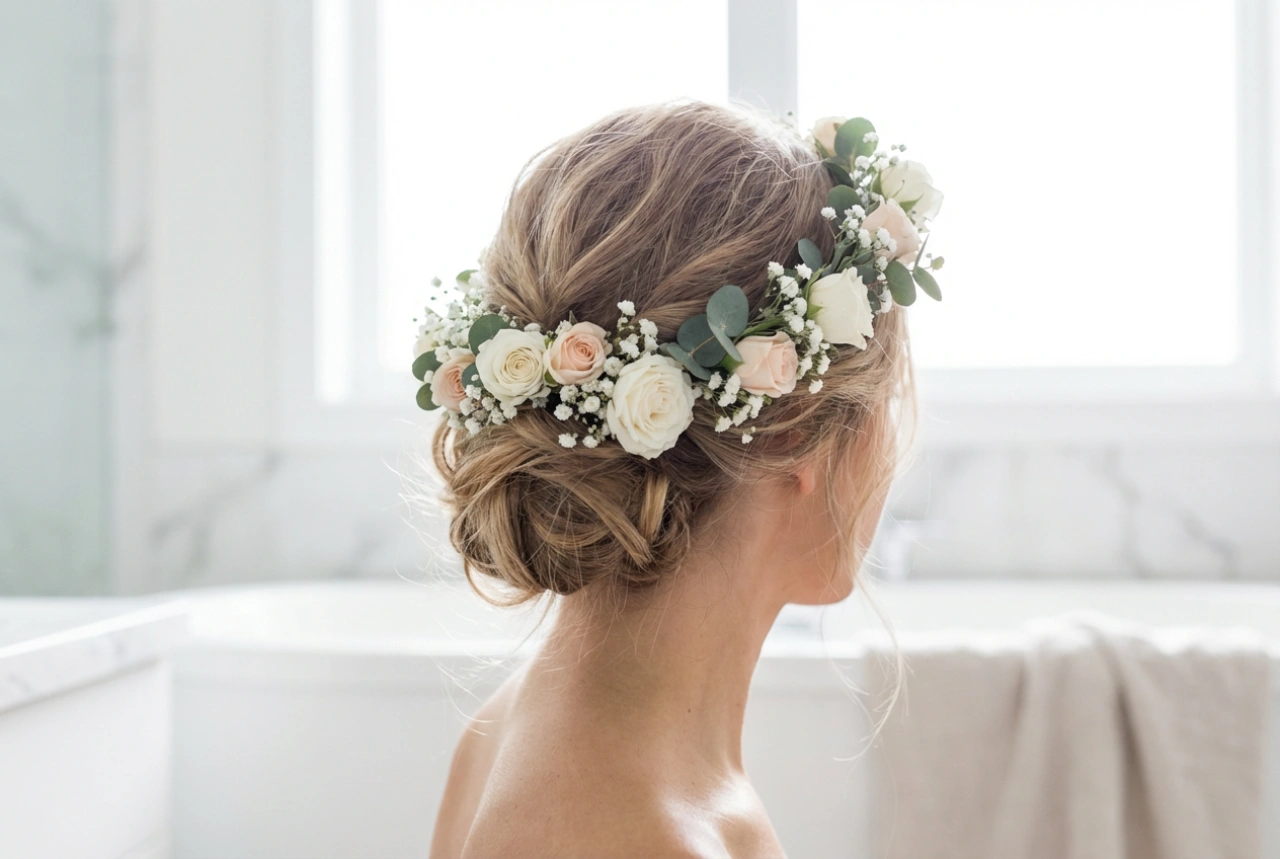 Romantic Updos: Hairstyles with a Floral Wreath for Weddings and Summer