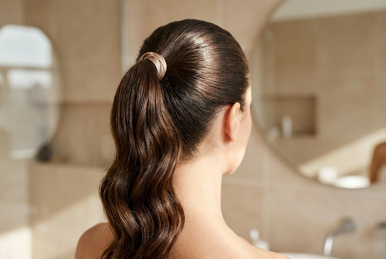 Quick Party Hairstyle: Waves, High Ponytail, and a Wet-Look Finish