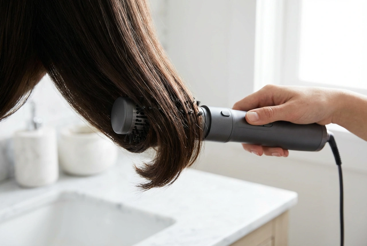 Rotating Hot Air Brush with Ionisation: Smooth Strands and Ends