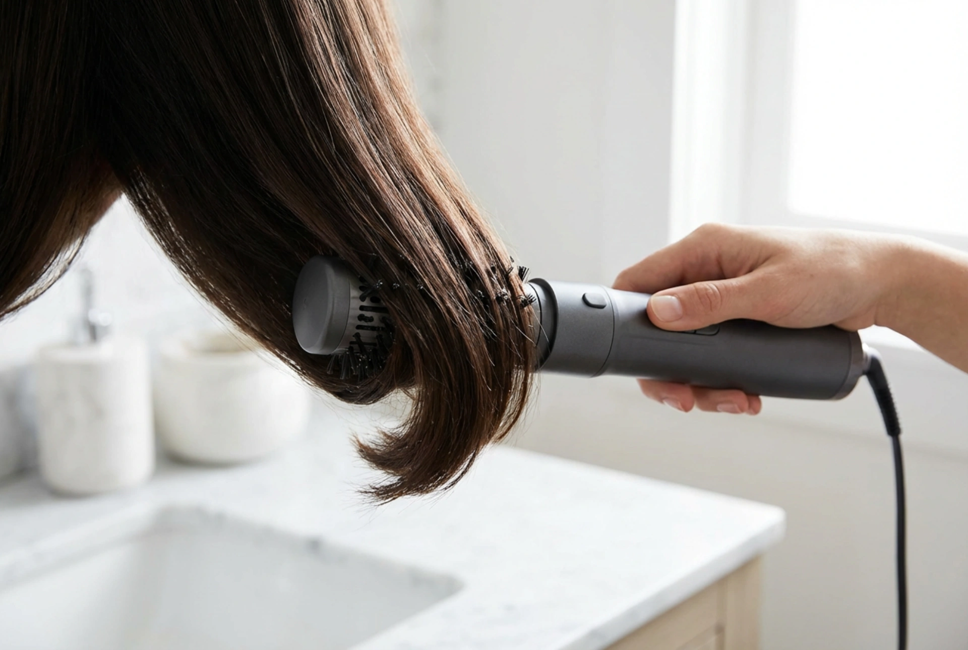 Rotating Hot Air Brush with Ionisation: Smooth Strands and Ends