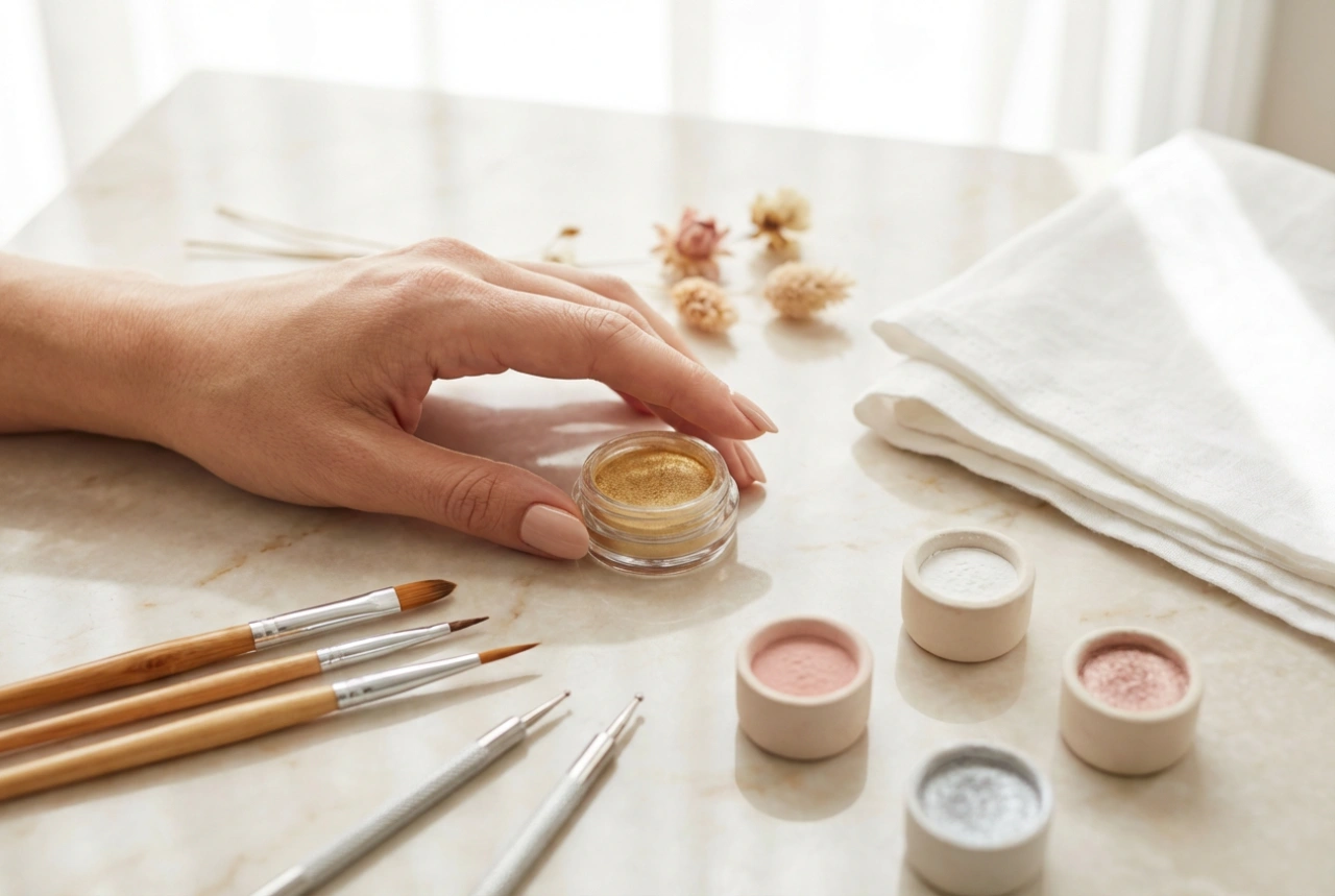 Nail art kit: brushes, dotting tools, powders, and how to use them