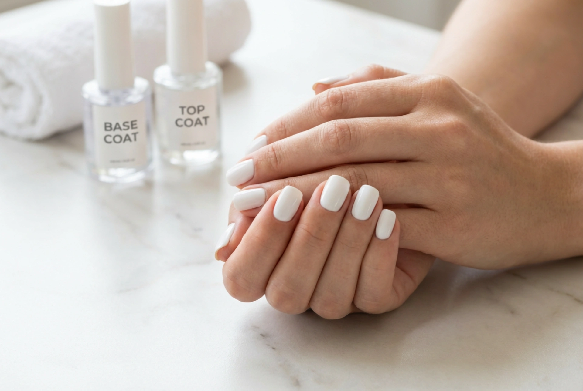 Streak-Free White Gel Nails: Base, Two Thin Coats, Top