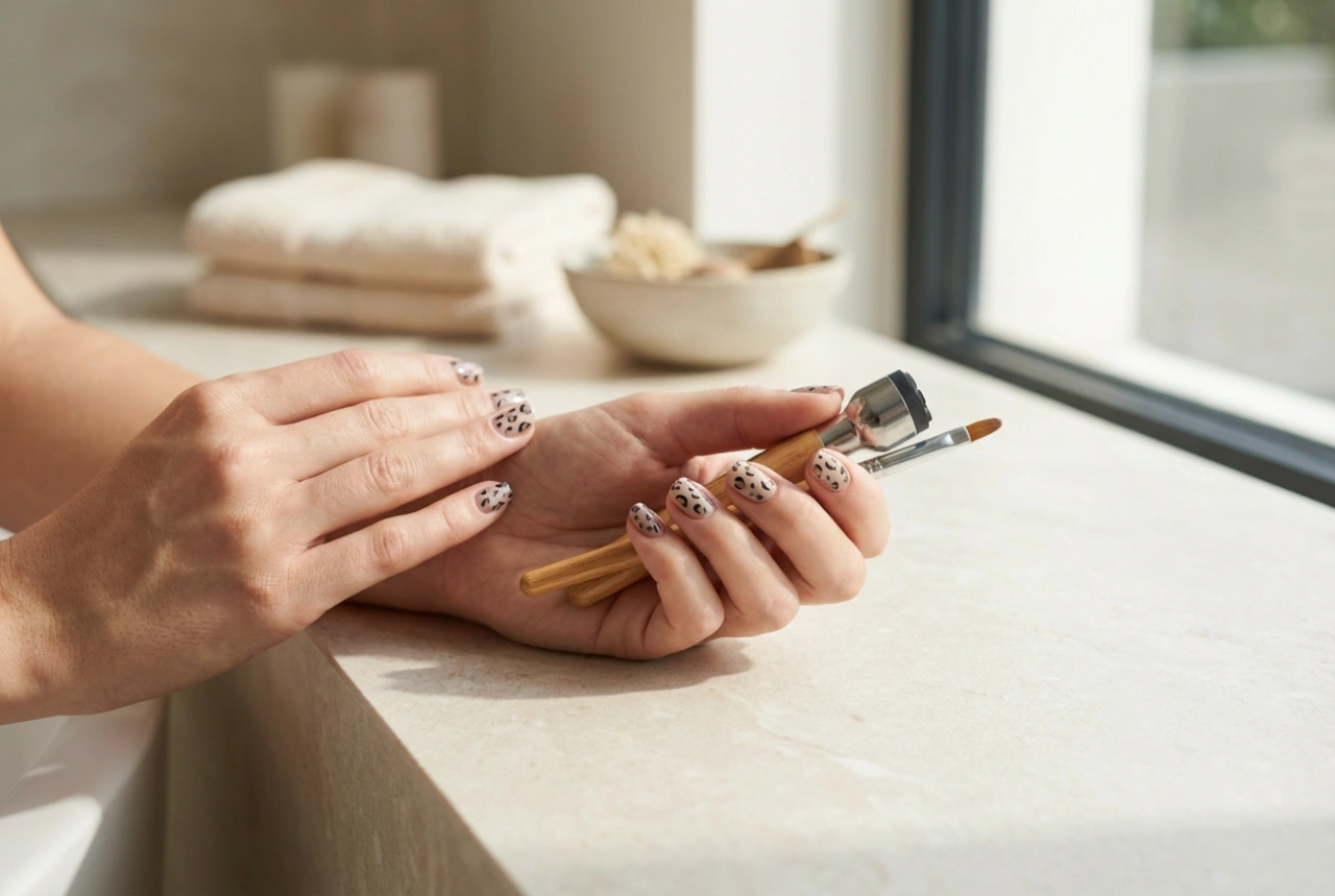 Leopard Print Hybrid Nails: A Quick Step-by-Step Guide with a Brush and Stamper