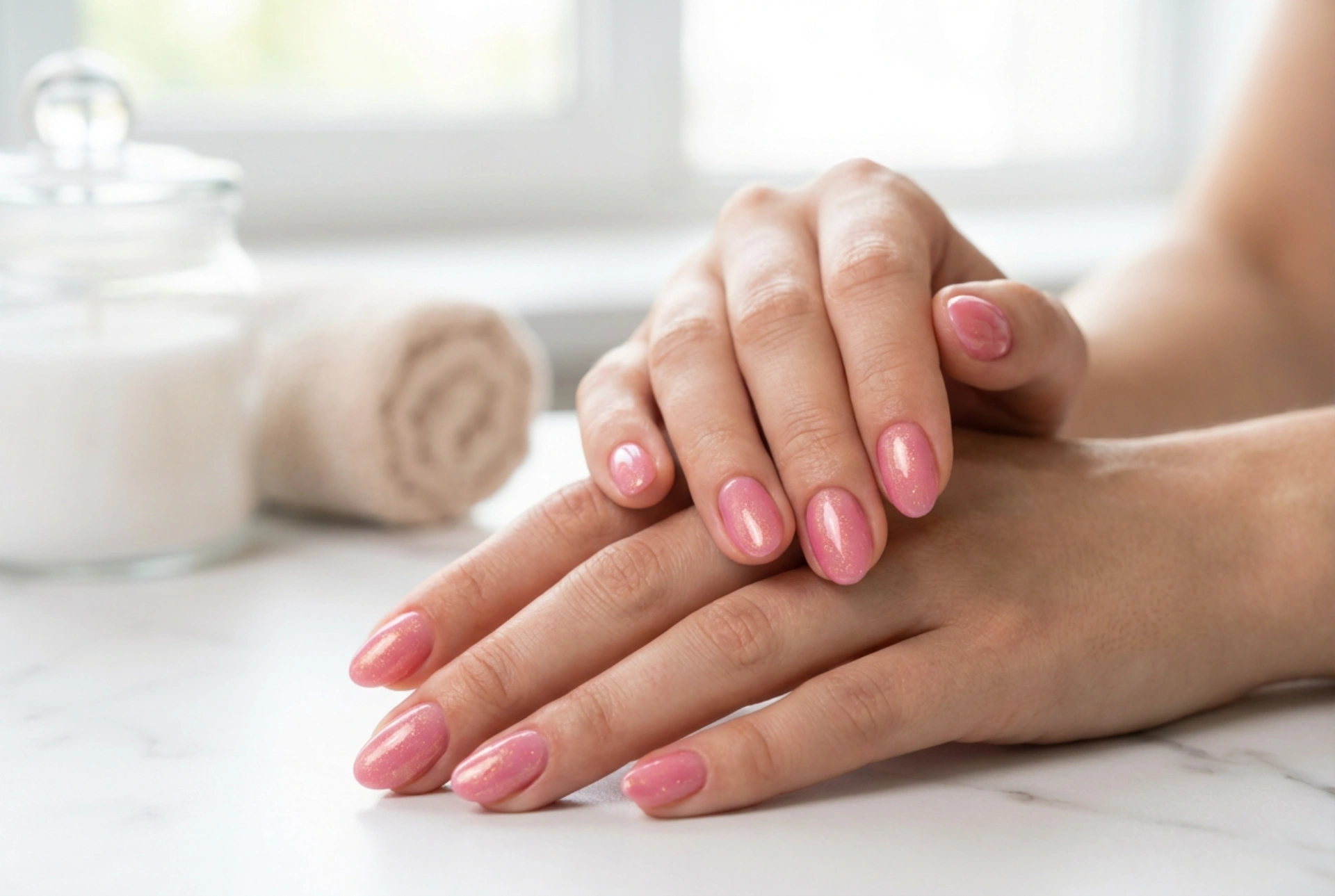 Pink Hybrid Polish with Shimmer: Even Coverage, Shine, and Durability