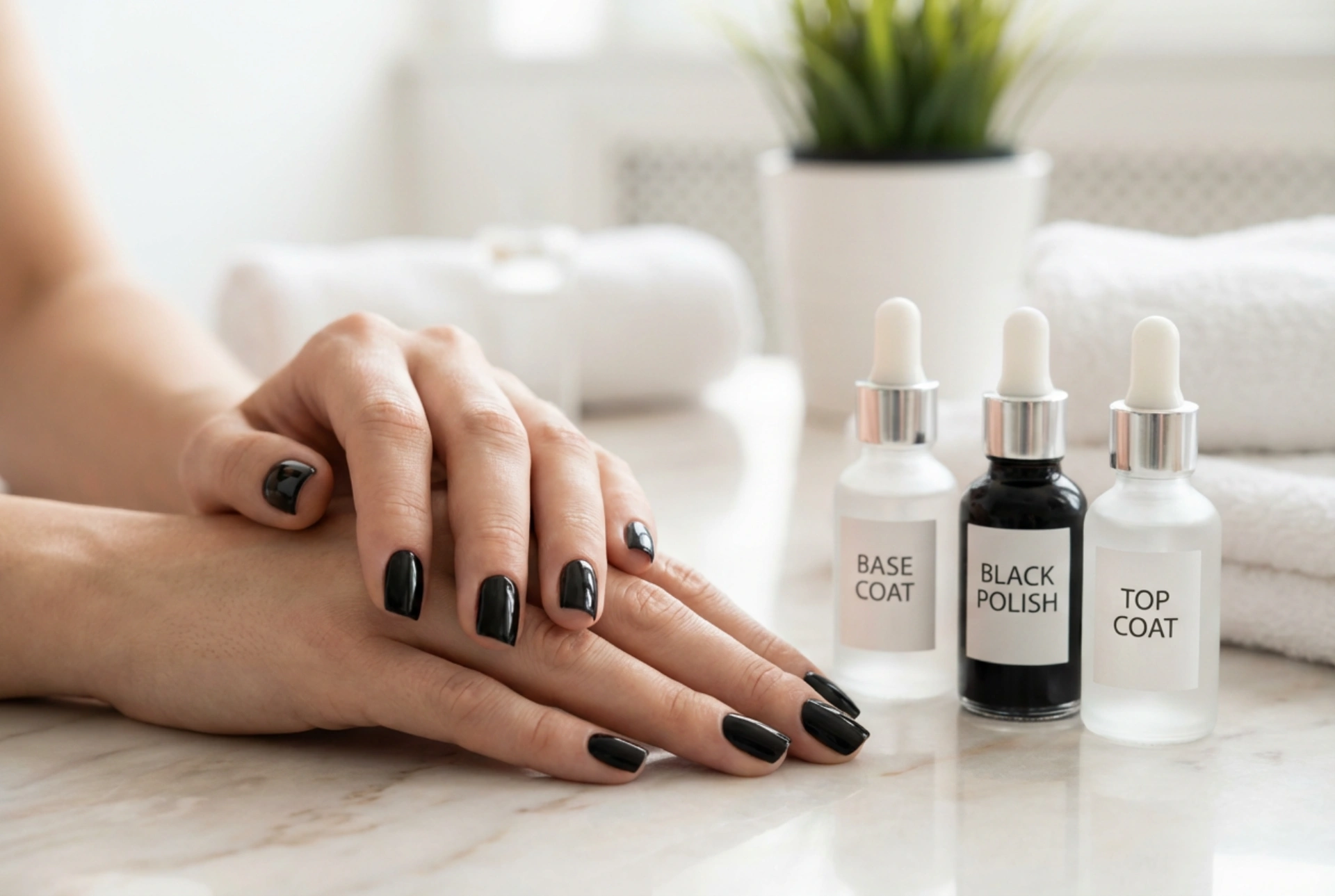 Flawless Black Nails: Base, Thin Coats, and Top Coat