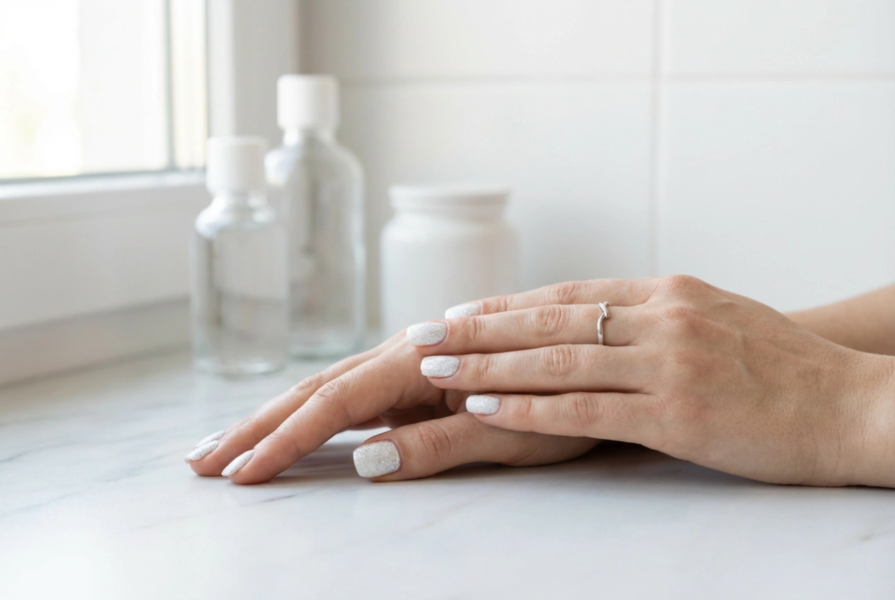 White Glitter Nails Without Gaps: Base, Application, and Top Coat