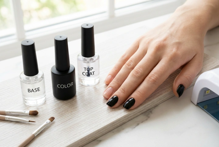 Black Gel Nails Step-by-Step: Base, Colour, Top Coat