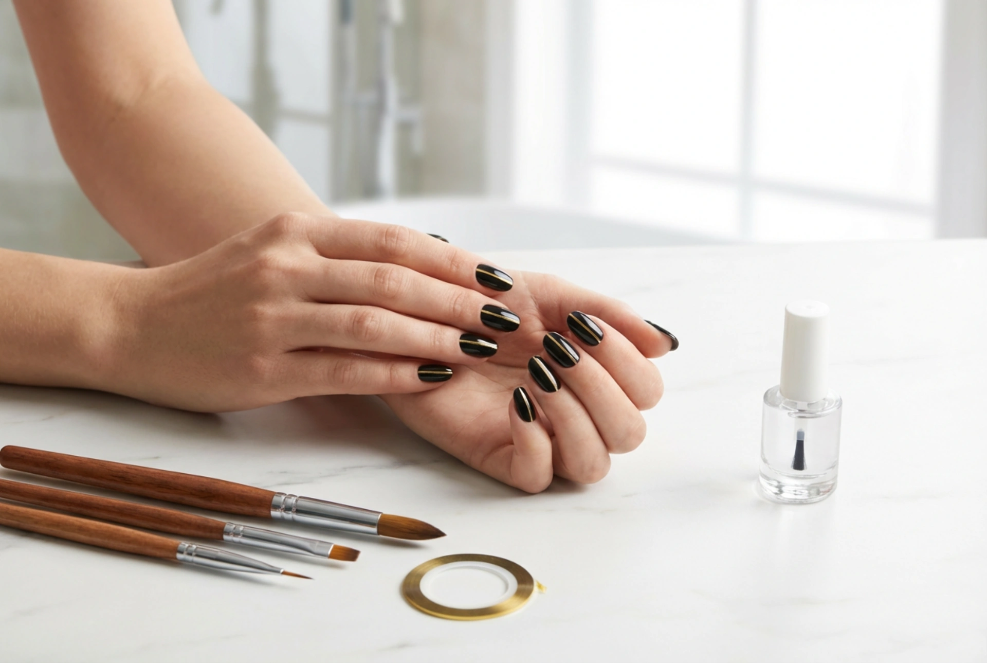 Golden Stripe on Black Nails: Tapes, Brushes, and Top Coat