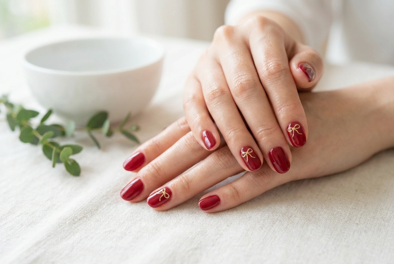 Red Nails with a Bow: Fine Lines, Stickers, and Stamps