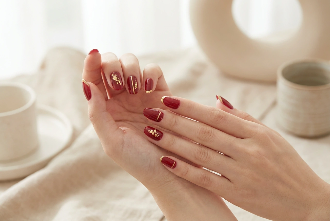 Golden Accents on Red Nails: Foils, Stripes and French Tips