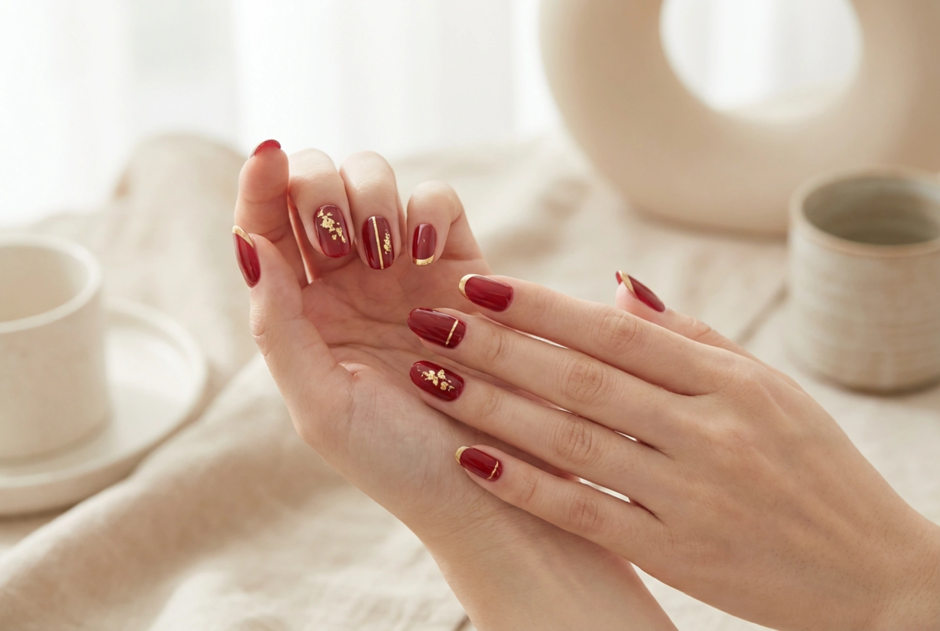 Golden Accents on Red Nails: Foils, Stripes and French Tips