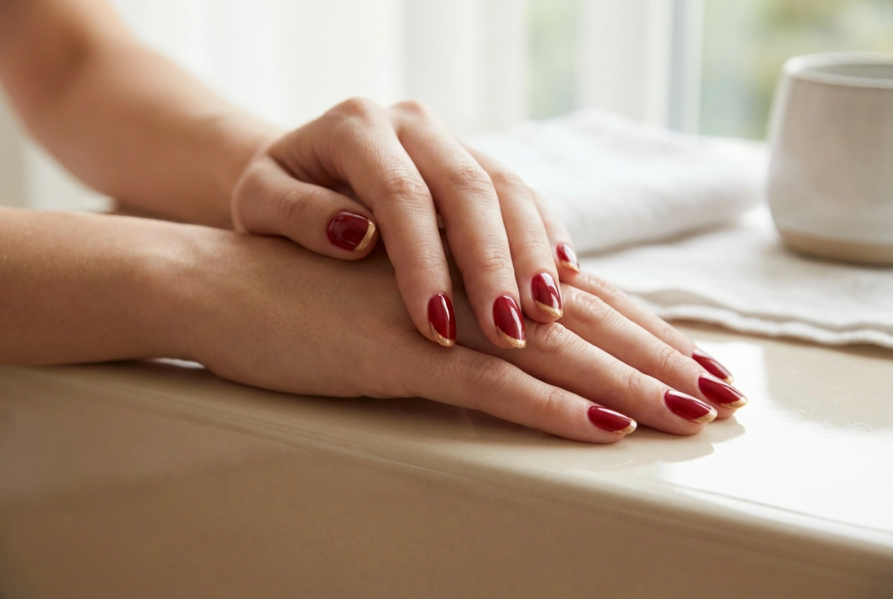 Gold French on Red Nails: Creating the Perfect Smile Line