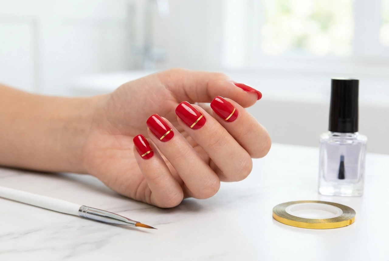 Golden Stripe on Red Nails: Adhesive Tapes and a Brush