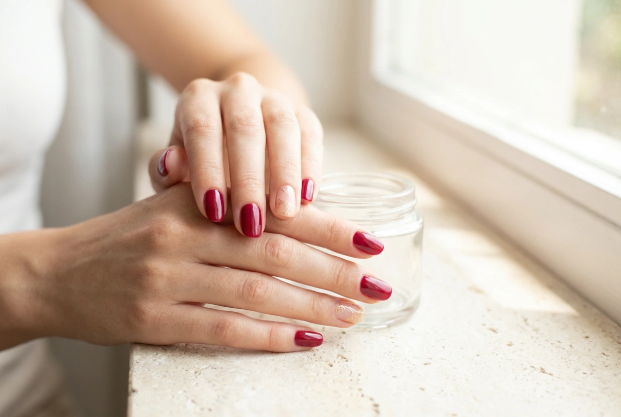 Golden Accents on Red Nails: Proportions and Finishes