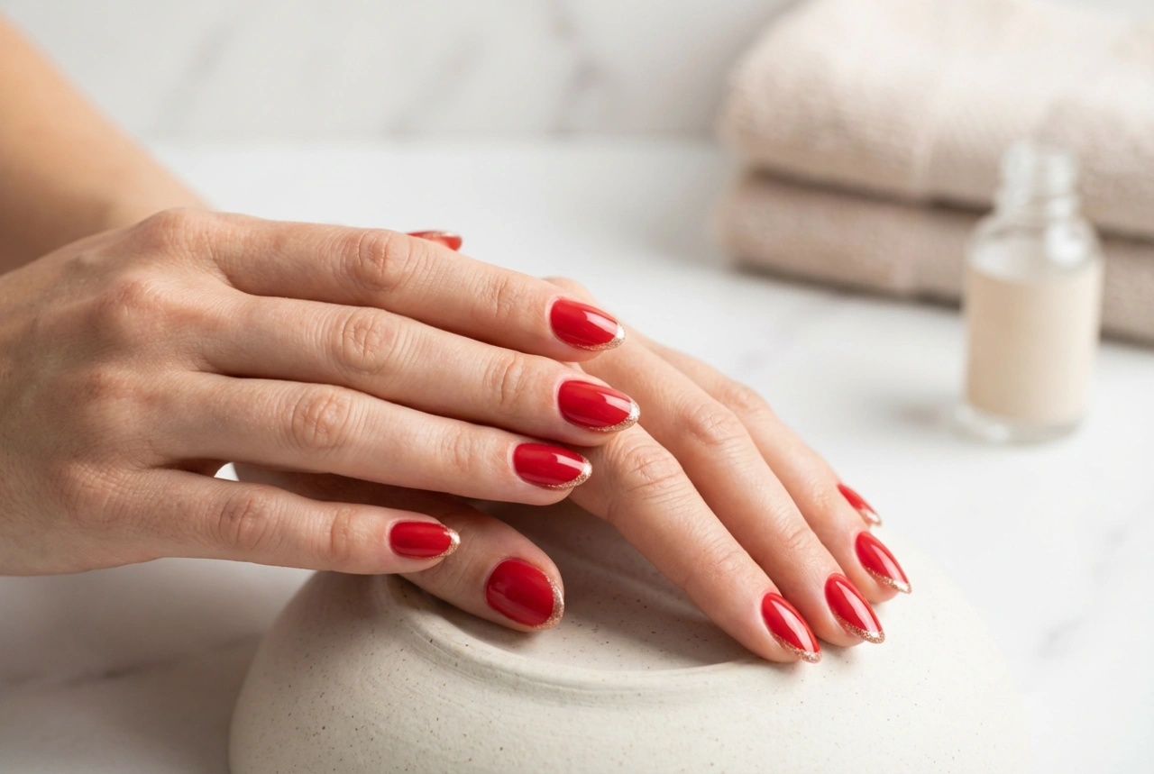 Red French Manicure with Glitter: A Perfect Smile Line and Shine