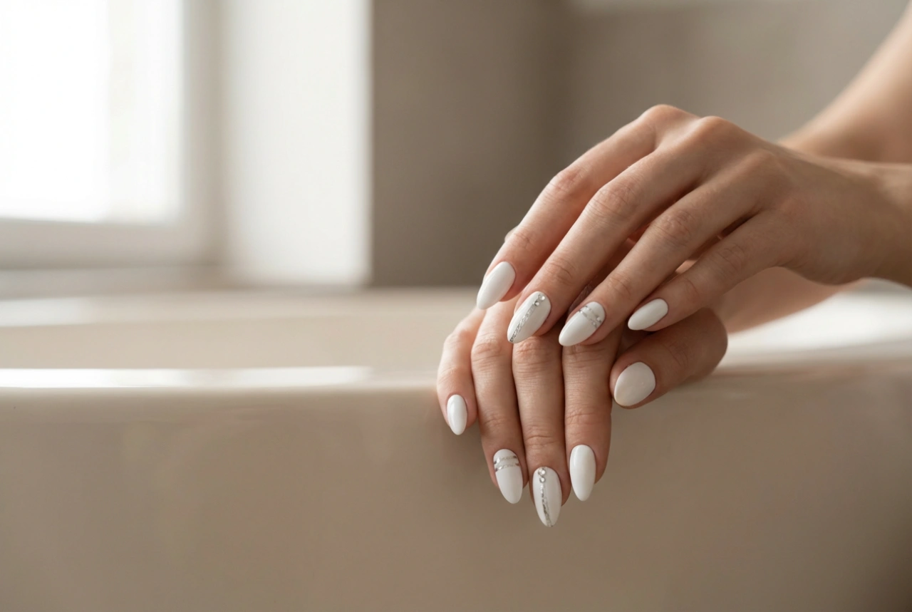 White Nails with Silver Accents: A Step-by-Step Guide to Striping Tape, Foils and Rhinestones