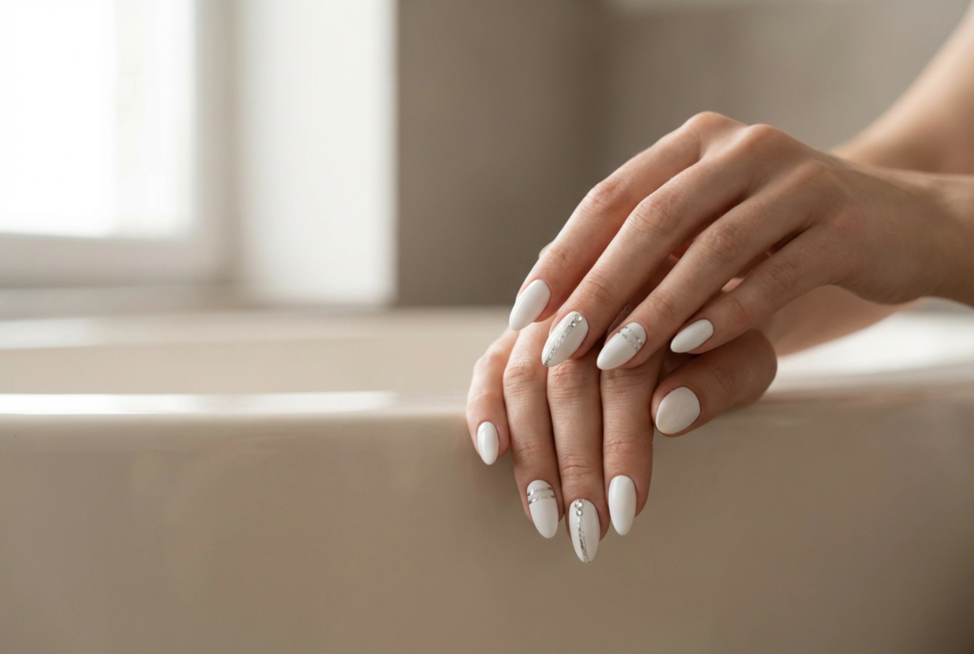 White Nails with Silver Accents: A Step-by-Step Guide to Striping Tape, Foils and Rhinestones