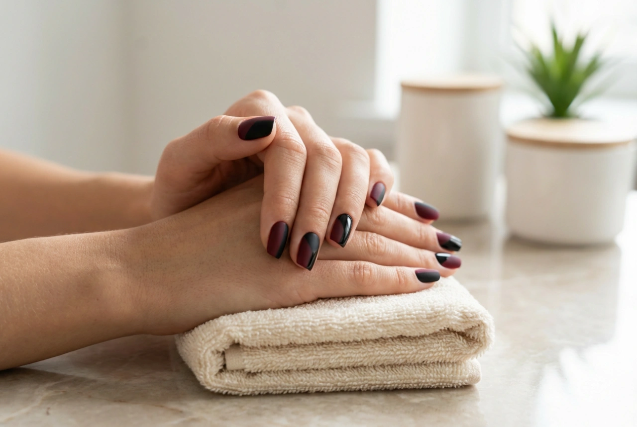 Burgundy and Black Nails: Geometric Lines, Matte and Glossy Finishes