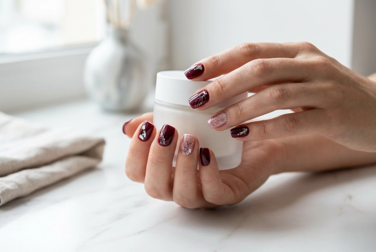 Burgundy and Silver Nails: Metallic Accents, Foils, and Glitter