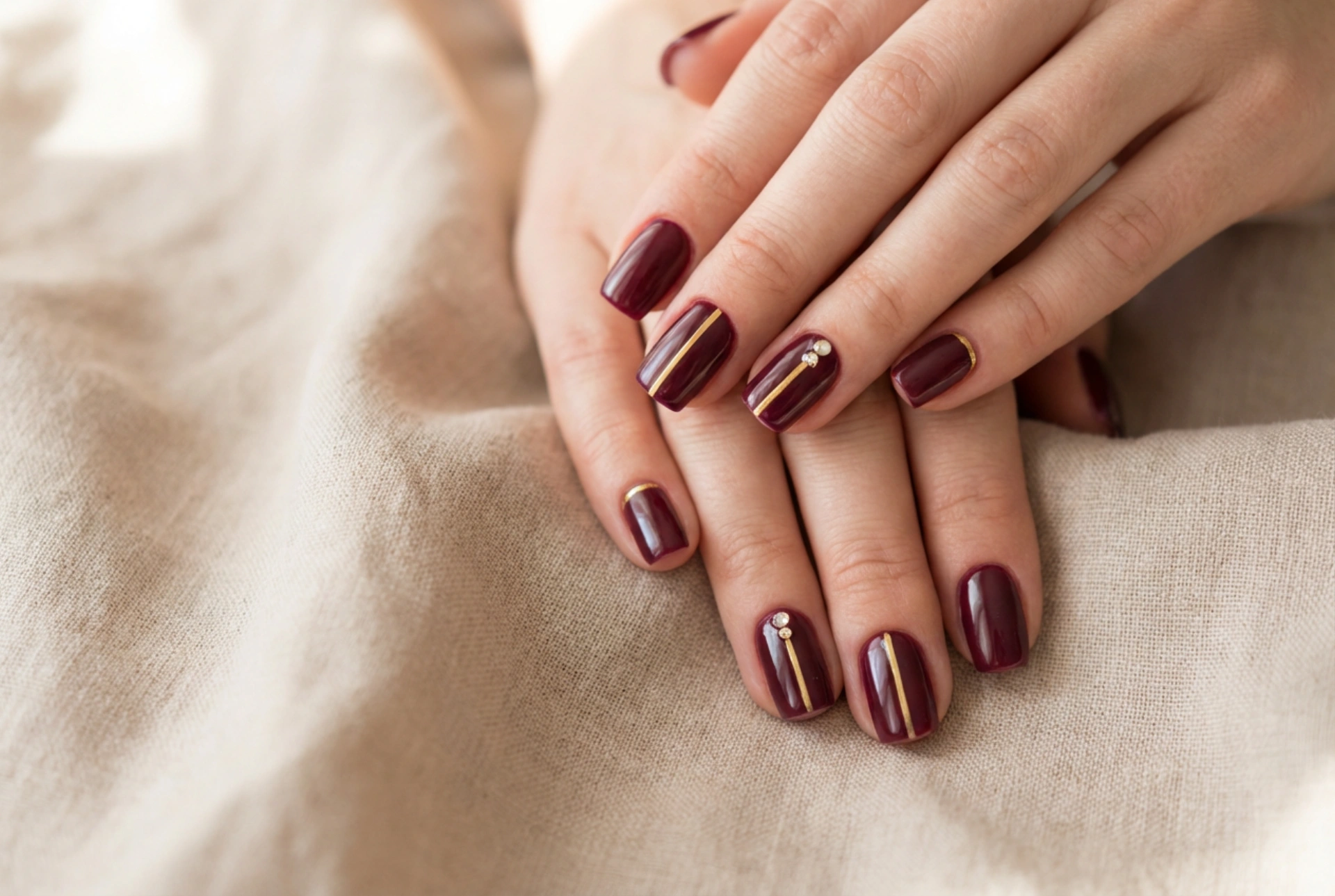 Burgundy Nails with Gold: Luxurious Details, Stripes, and Rhinestones
