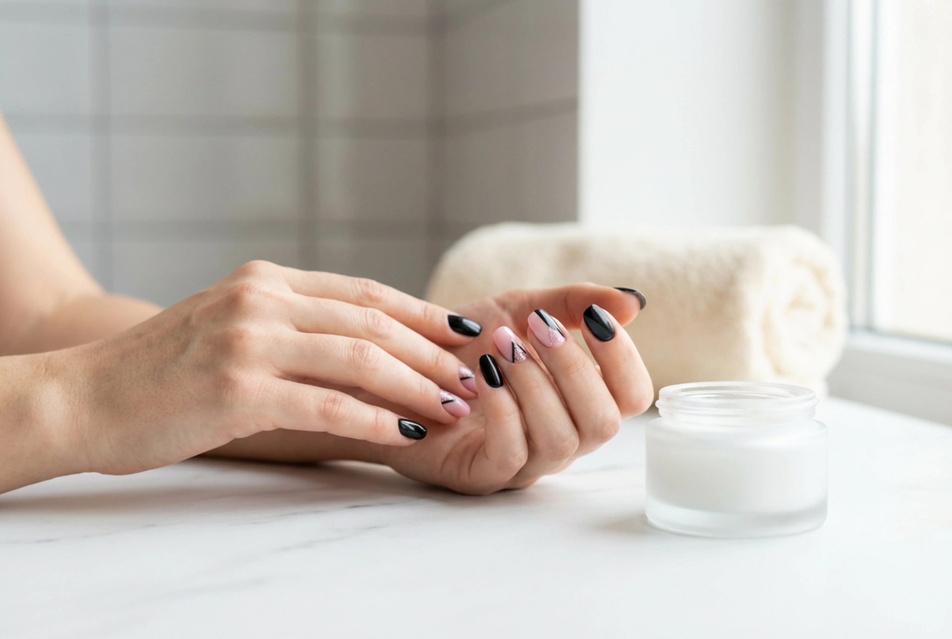 Black and Pink Nails: Geometric Accents and Glitter Step-by-Step