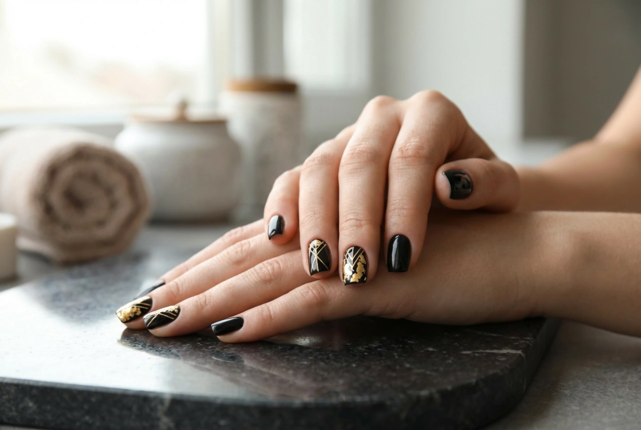 Black and Gold Nails: Elegant Designs, Tape and Foil Accents