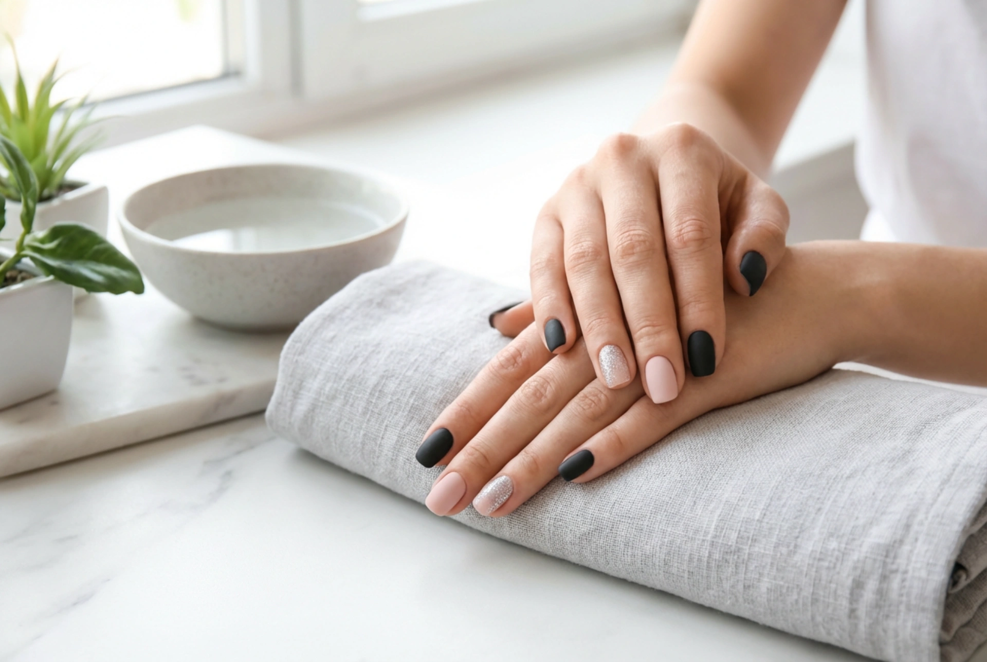 Чорно-рожеві нігті з блискітками: де додати блиск, щоб не переборщити