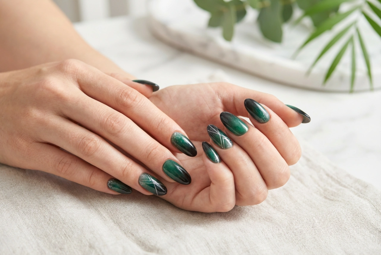 Black and Green Nails: Smokey Ombre, Glass Dust and Geometric Lines