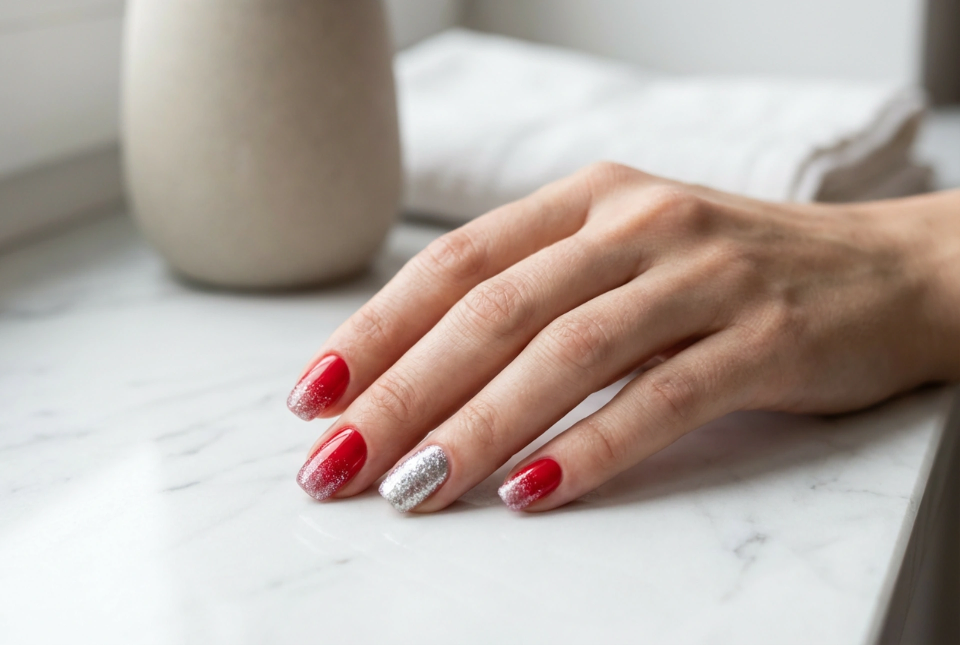 Red and Silver Glitter Nails: Creating a Smooth Gradient and Accent Nail