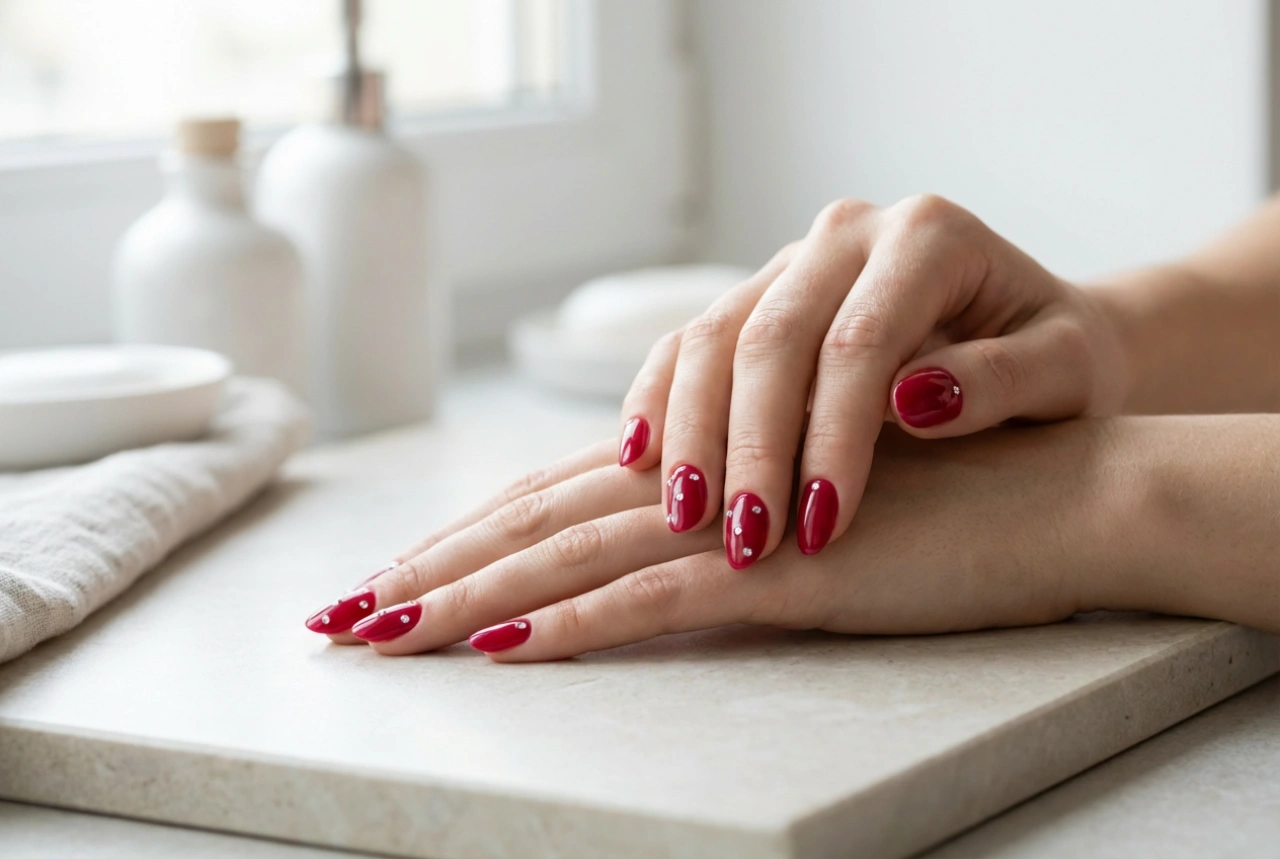 Red Nails with Rhinestones: Attaching Decorations, Compositions, and Durability