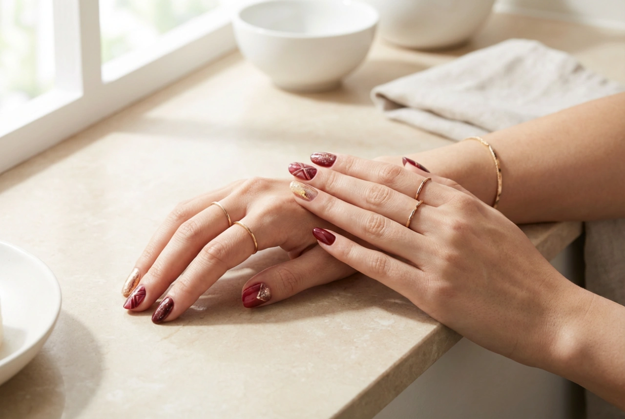 An Elegant Combination: Red and Gold Nails in Three Styles