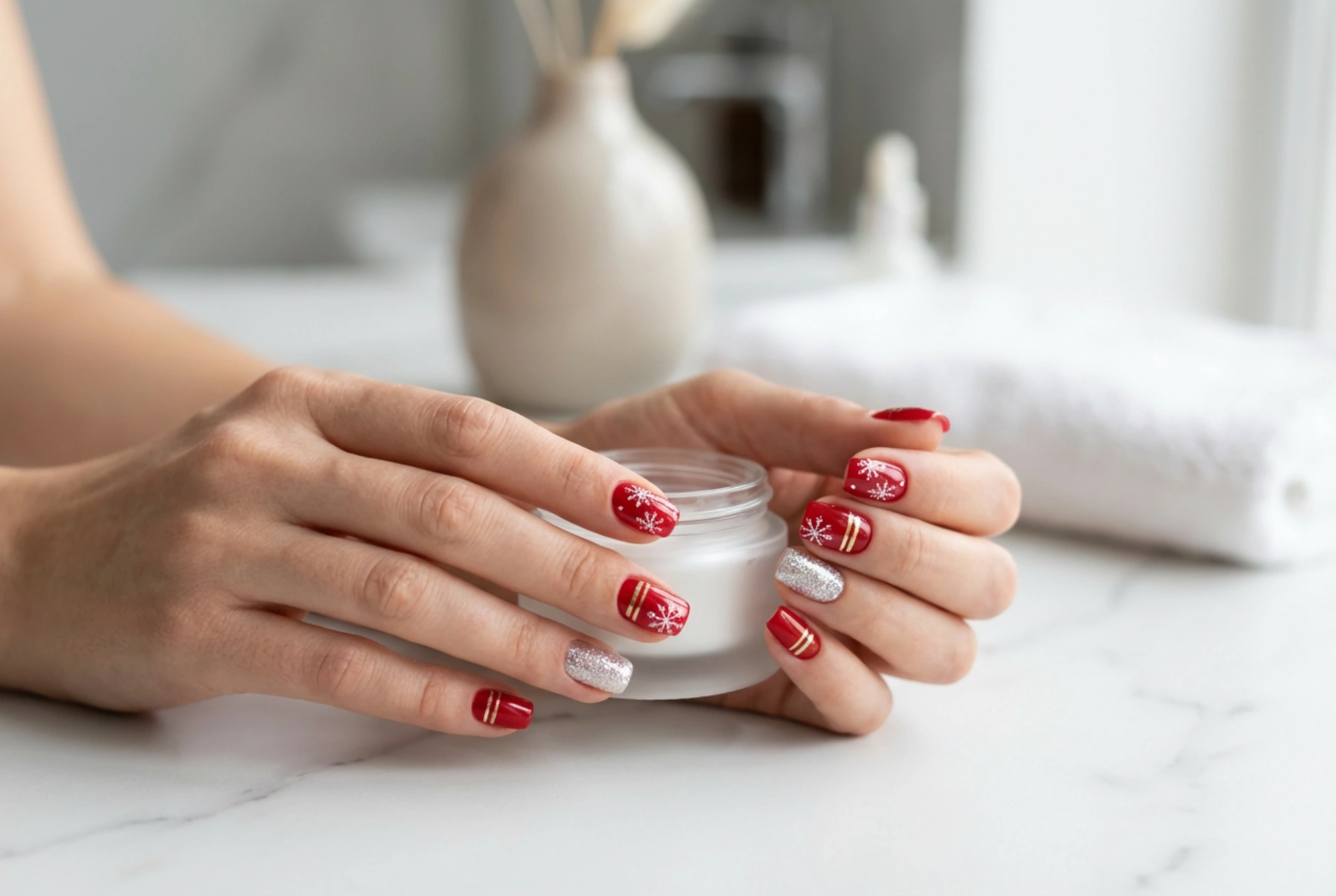 Festive Red Nails: Snowflakes, Stripes, and a Sparkling Accent