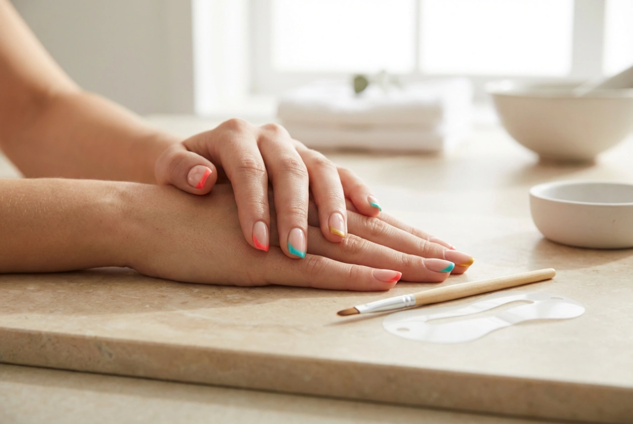 Colourful French Manicure: Even Tips, Stencils, Brushes, and Corrections