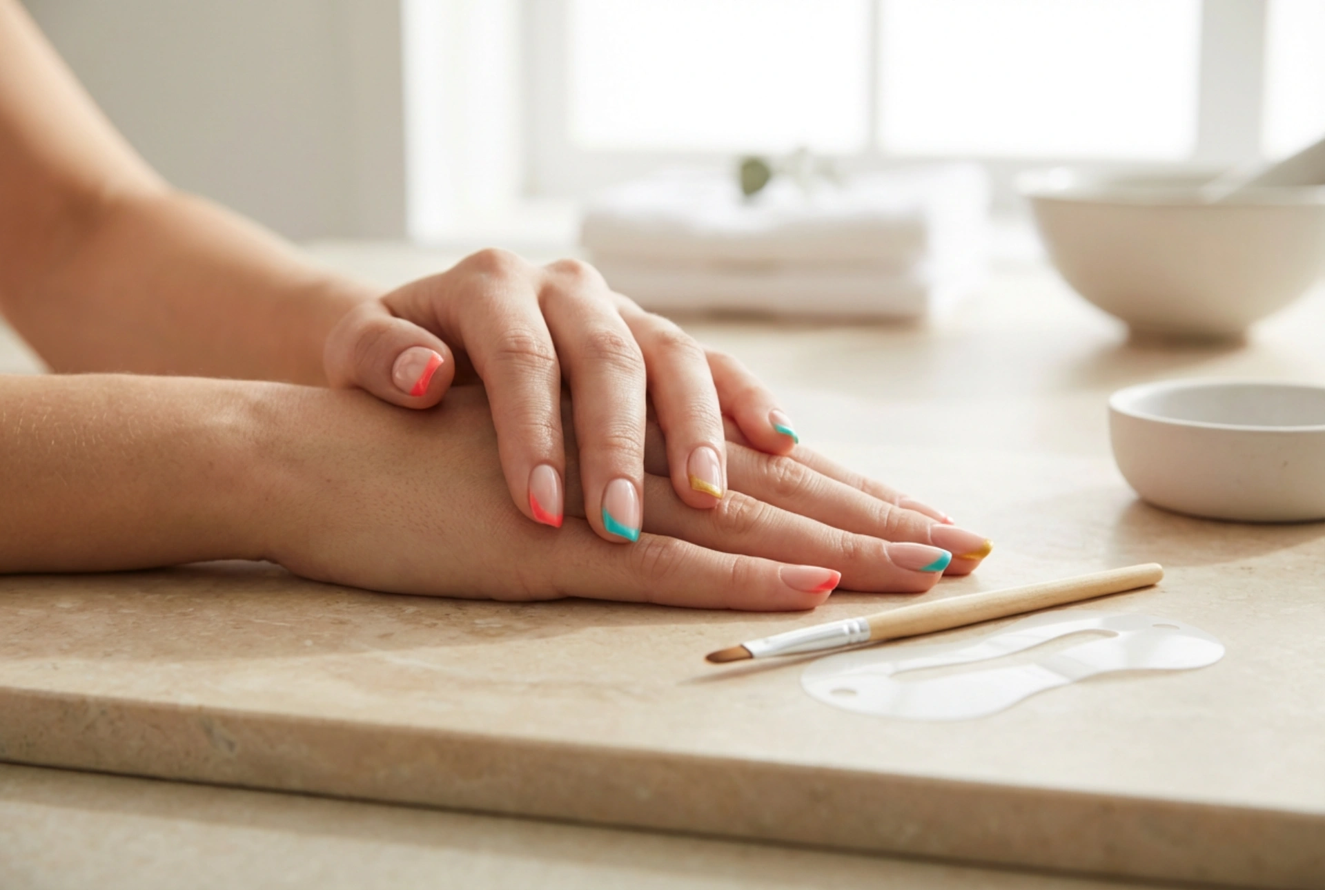 Colourful French Manicure: Even Tips, Stencils, Brushes, and Corrections
