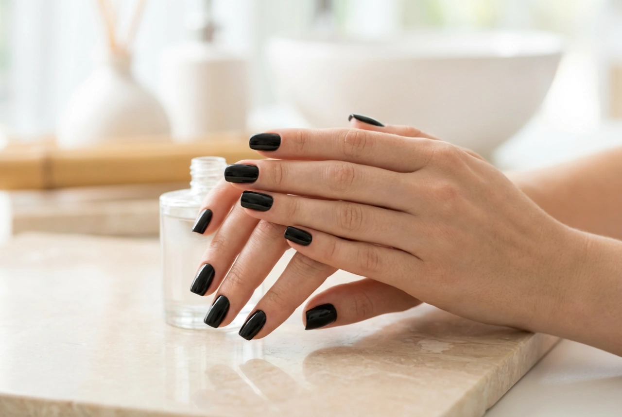 Black gel nails: plate preparation, coverage and shine