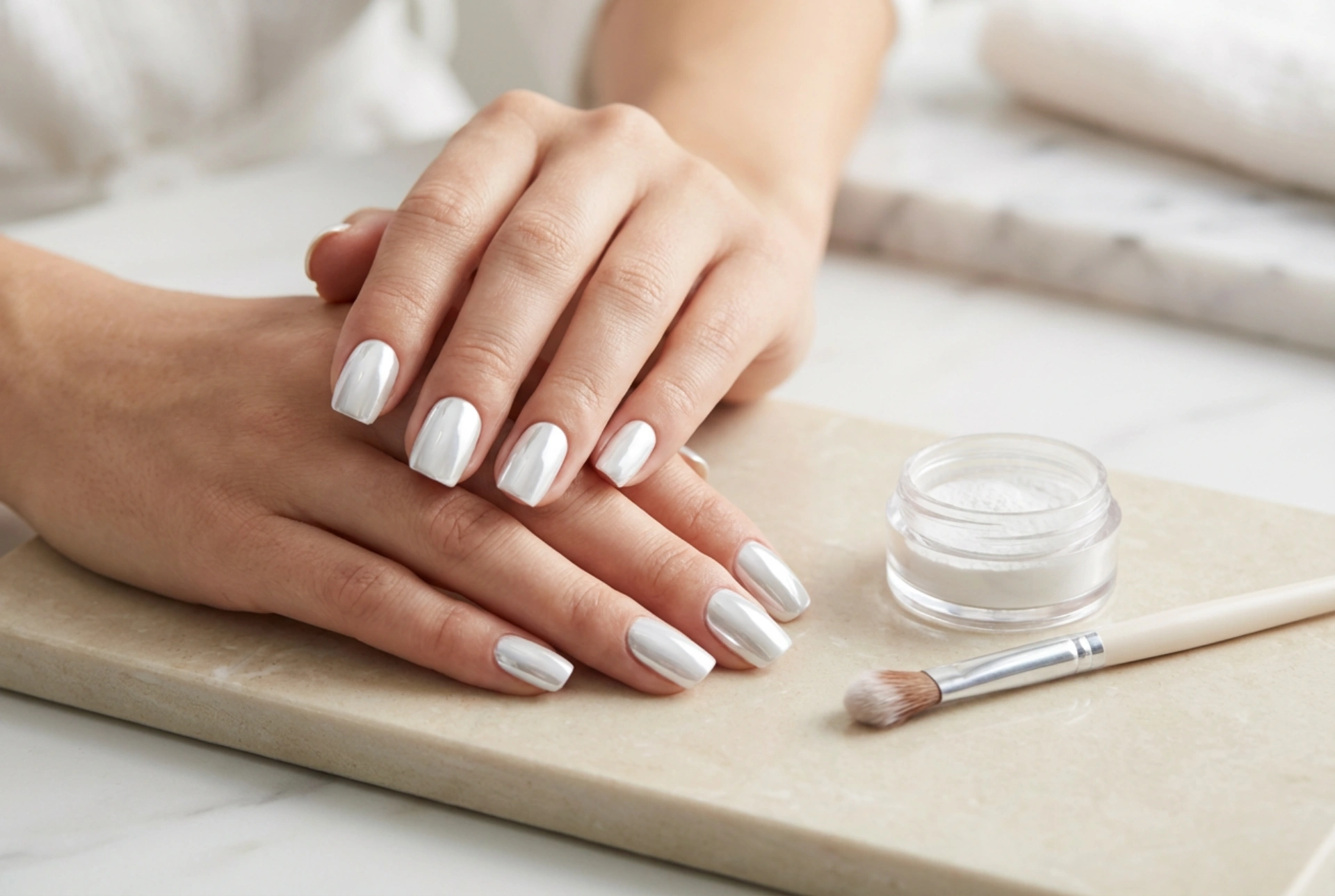 White Mirror Nails: Powder Application, Colour Base, and Top Coat Guide