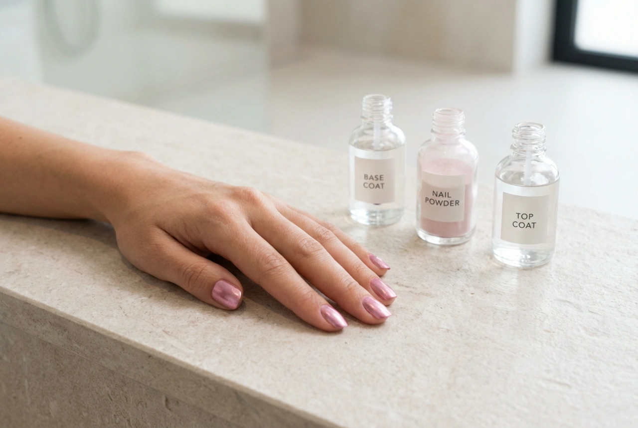 Metallic Pink Nails Step by Step: Base Coats, Powders, and Top Coats