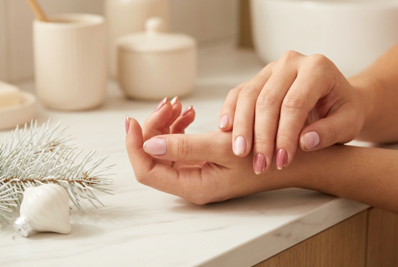 Pink Christmas Nails: Simple Designs with Glitter & Stickers