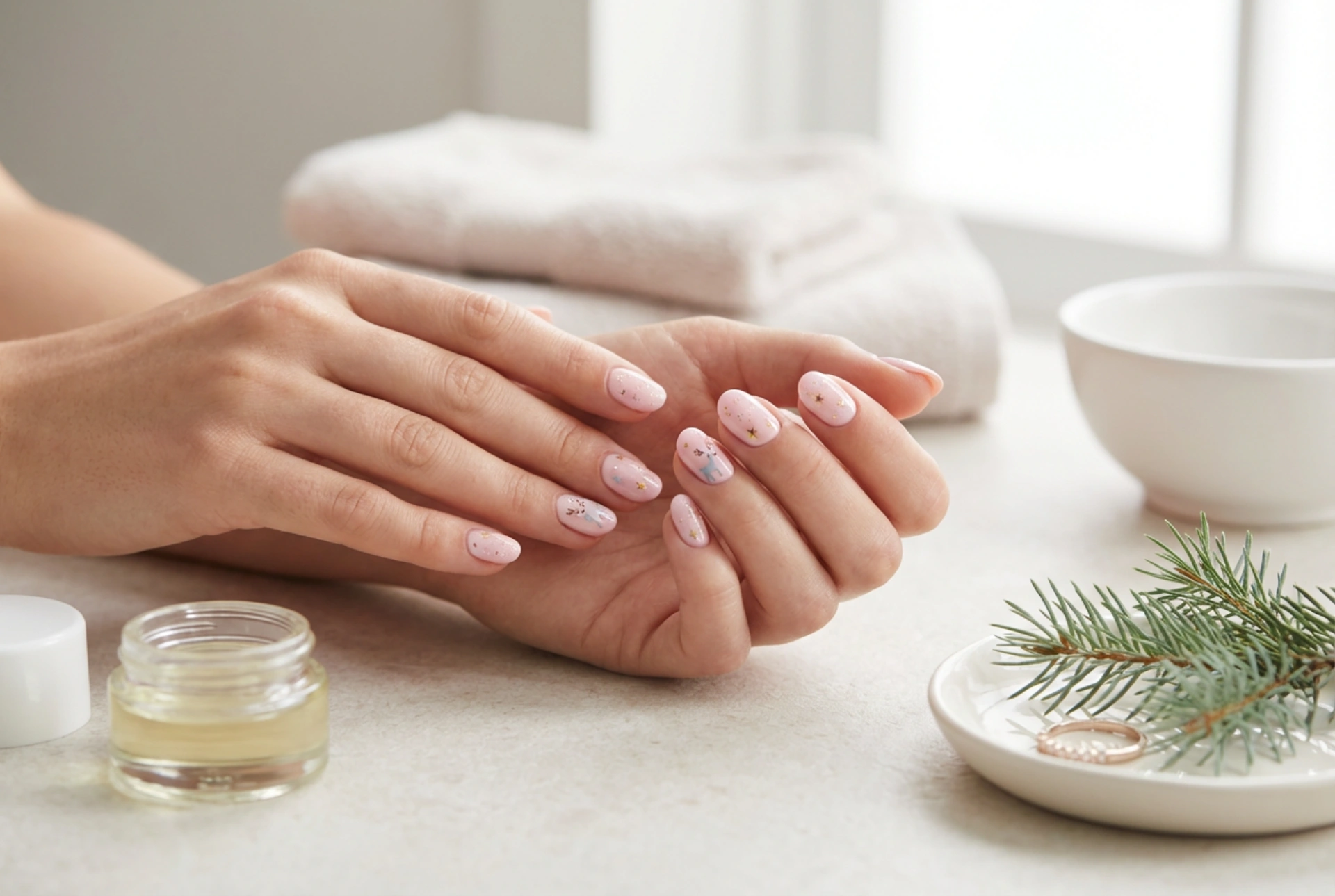 Pink Christmas Nails: Pastel Reindeers, Stars, and Glitter