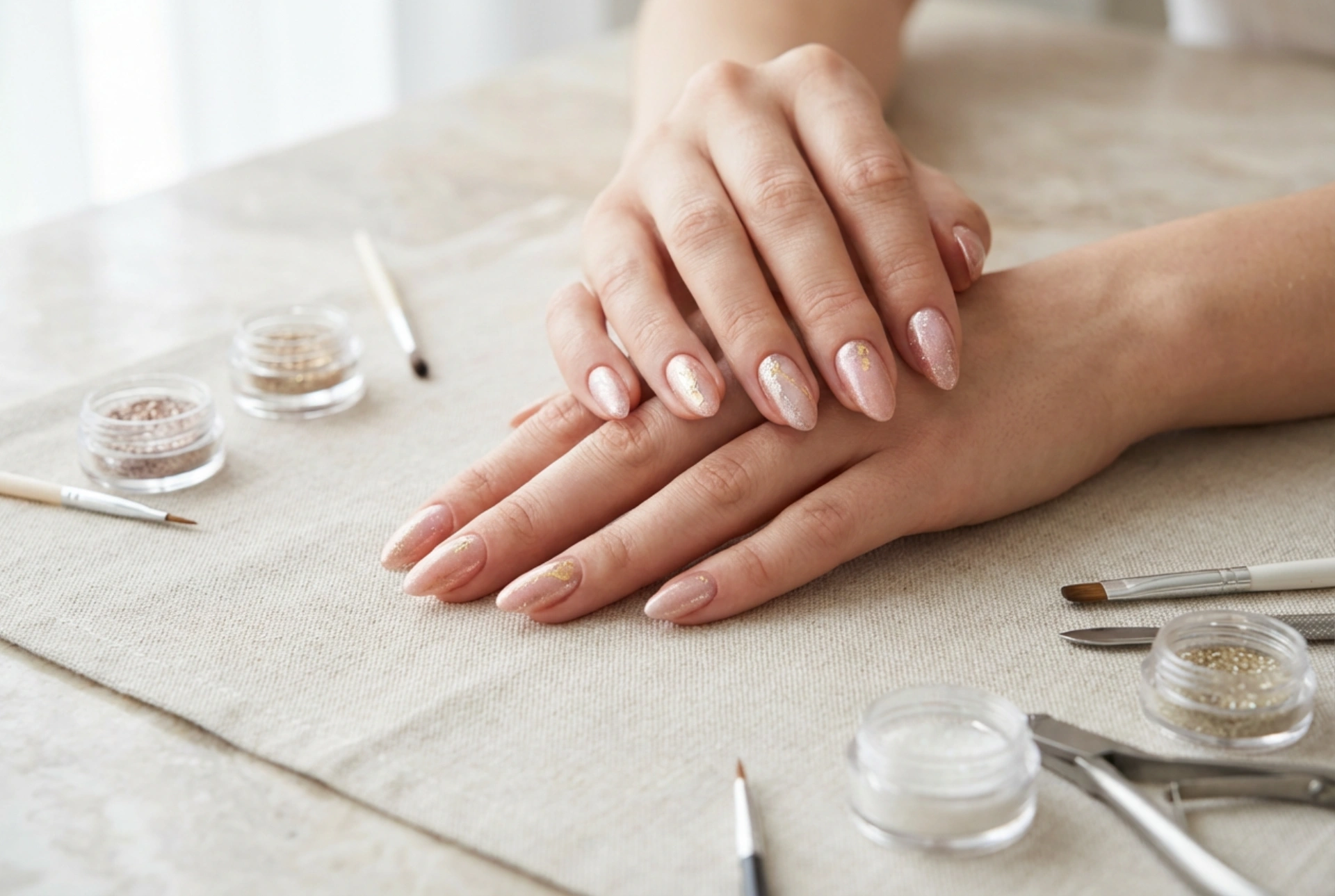 Pink and Gold Nails: Delicate Shine, Foils, and Powders