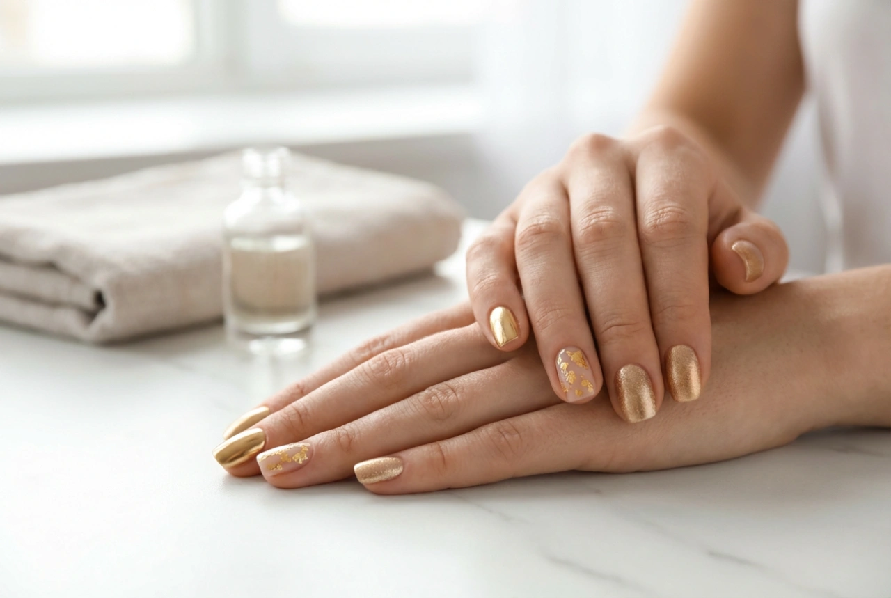Golden nails in several ways: powder, foils, metallic polish