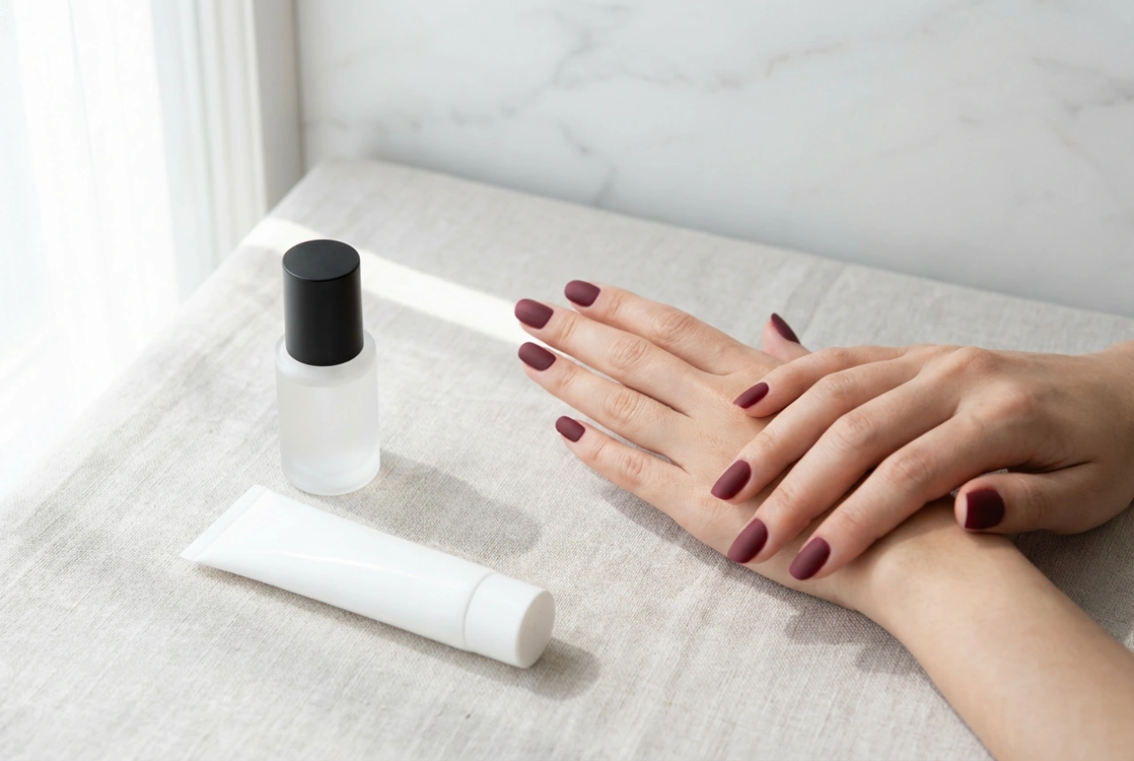 Matte burgundy nails: depth of colour, matte top coat and care
