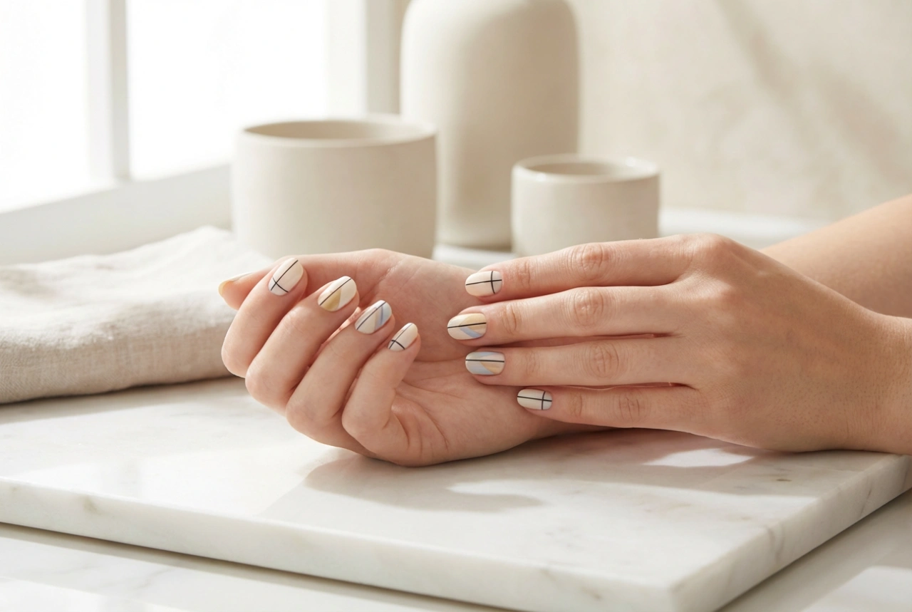 Geometric Patterns on Nails: Tapes, Stamps, and Freehand Painting