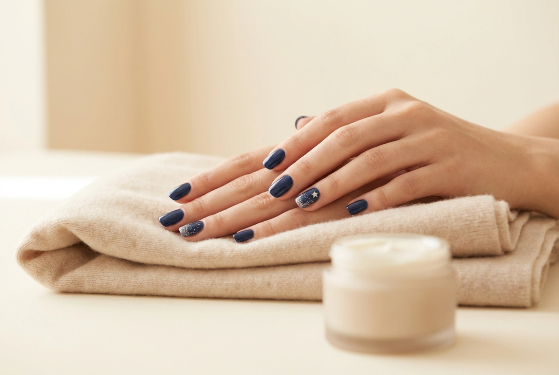 Navy Blue Festive Nails: Techniques with a Star and Subtle Glitter