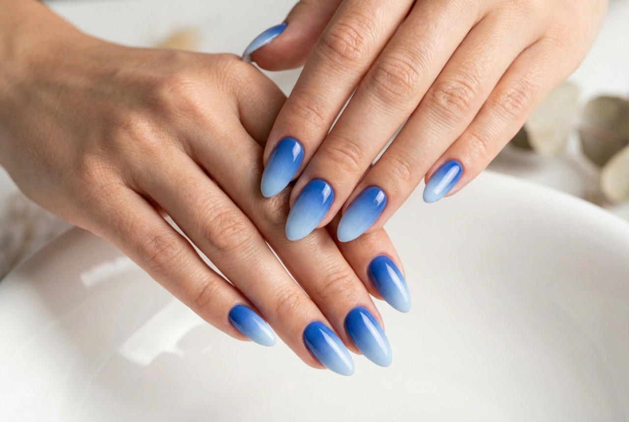 Cornflower blue ombre nails: vibrant colour with a seamless transition