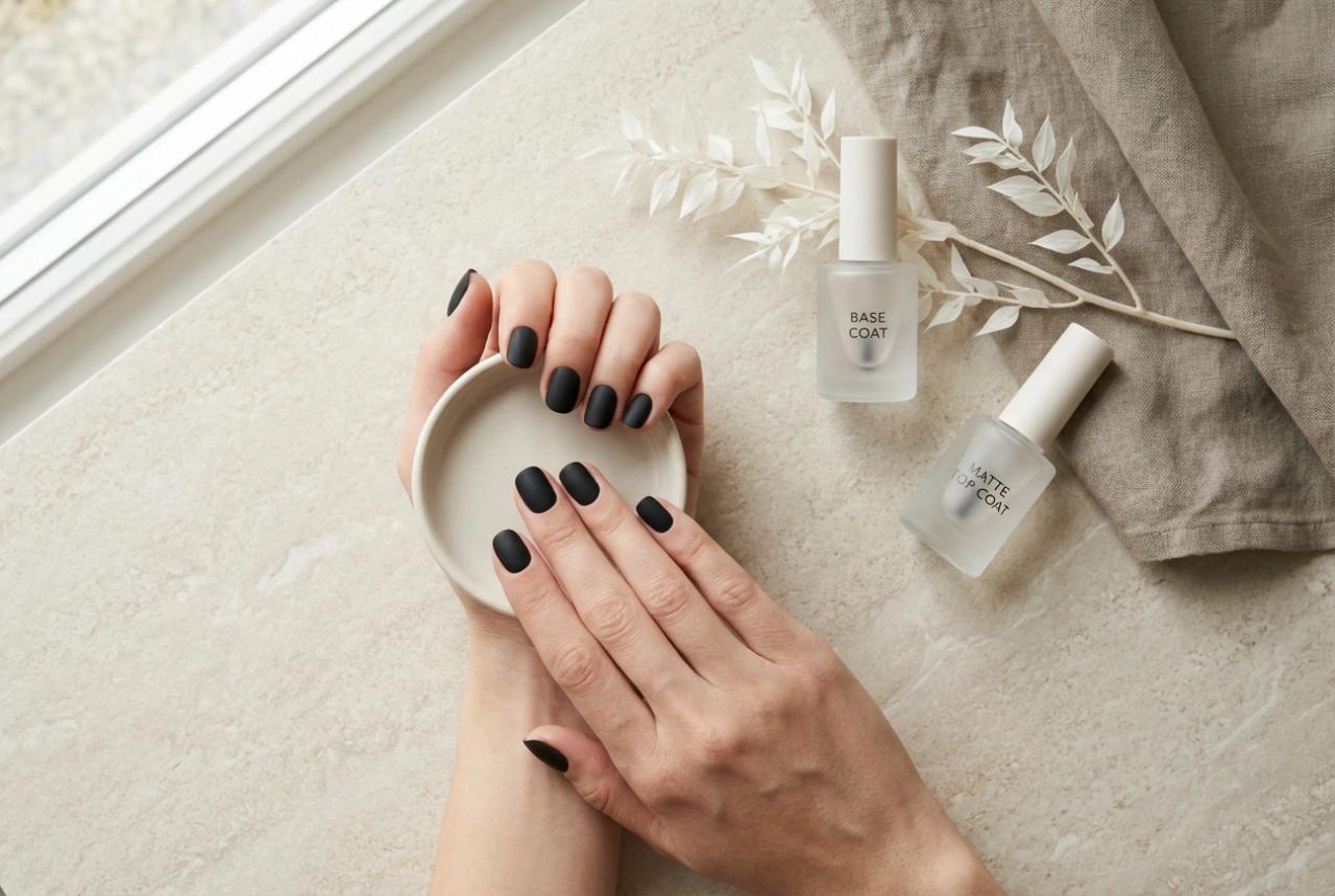 Step-by-Step Matte Black Nails: Base, Matte Top Coat and Curing