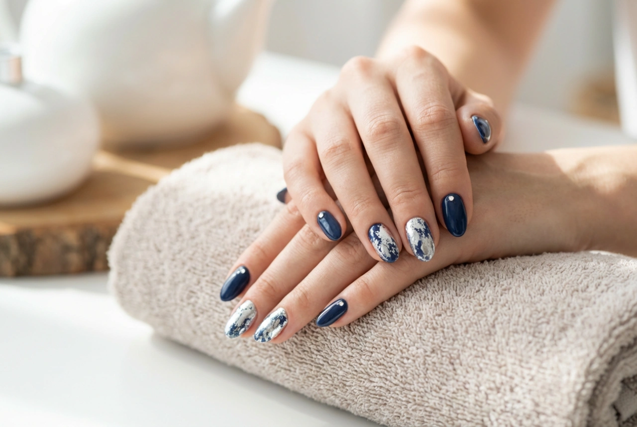 Navy and Silver Nails: Silver Accents, Foils, and Rhinestones