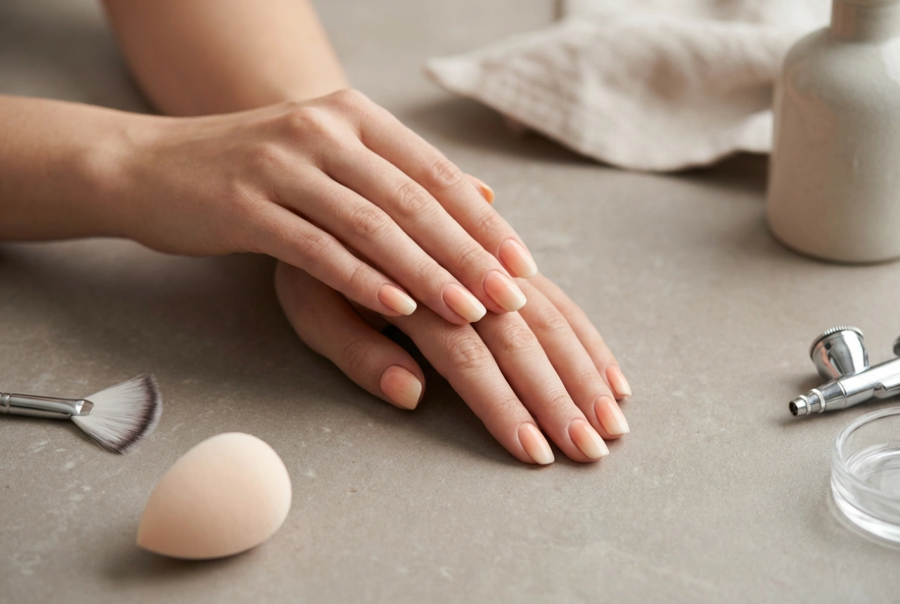 Ombre hybrid nails: sponge, airbrush and fan brush methods