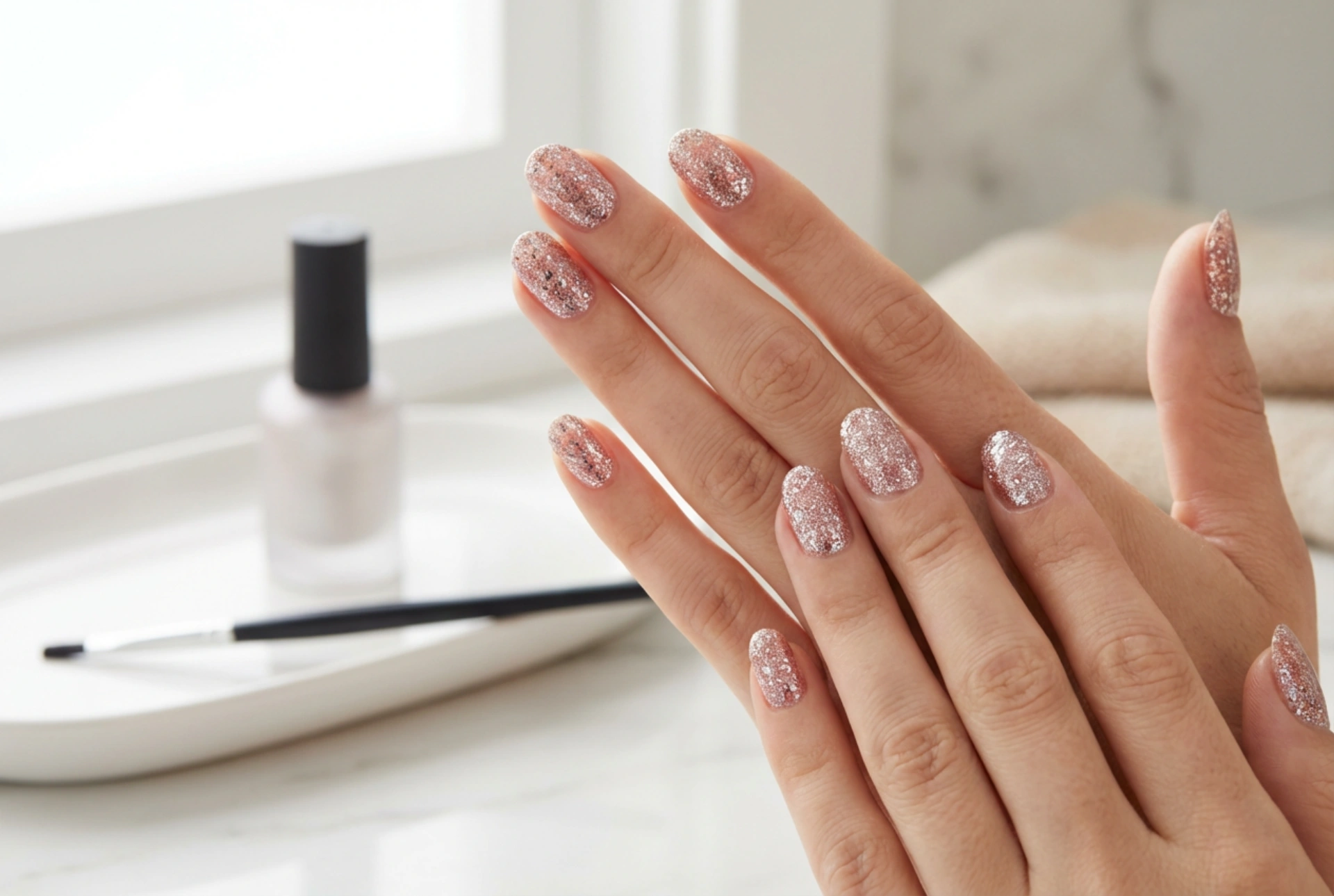 Hybrid Polishes with Glitter Particles: Even Application and a Smooth Finish