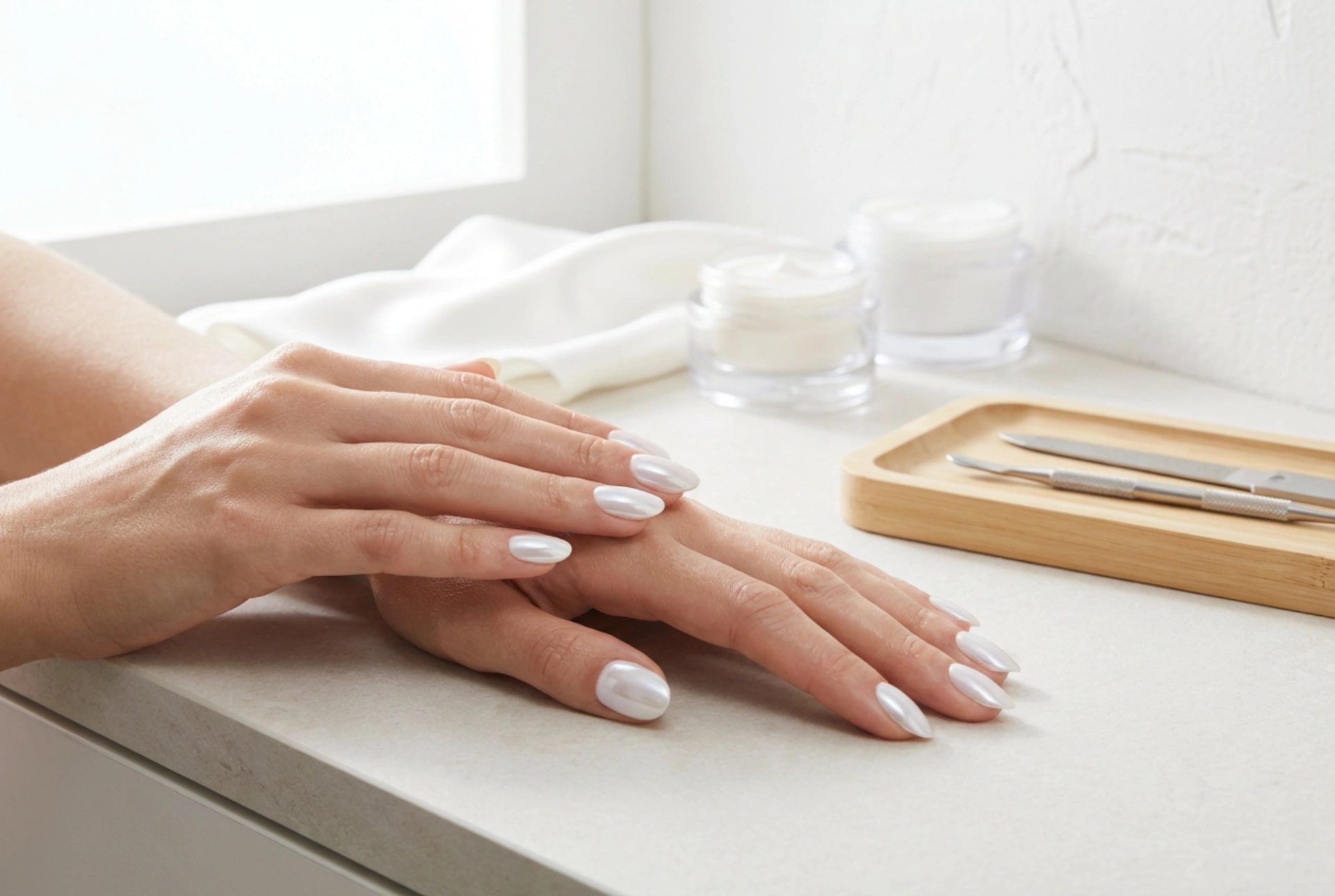 Light-Coloured Nails with Powder: A Delicate Mirror Effect Step by Step